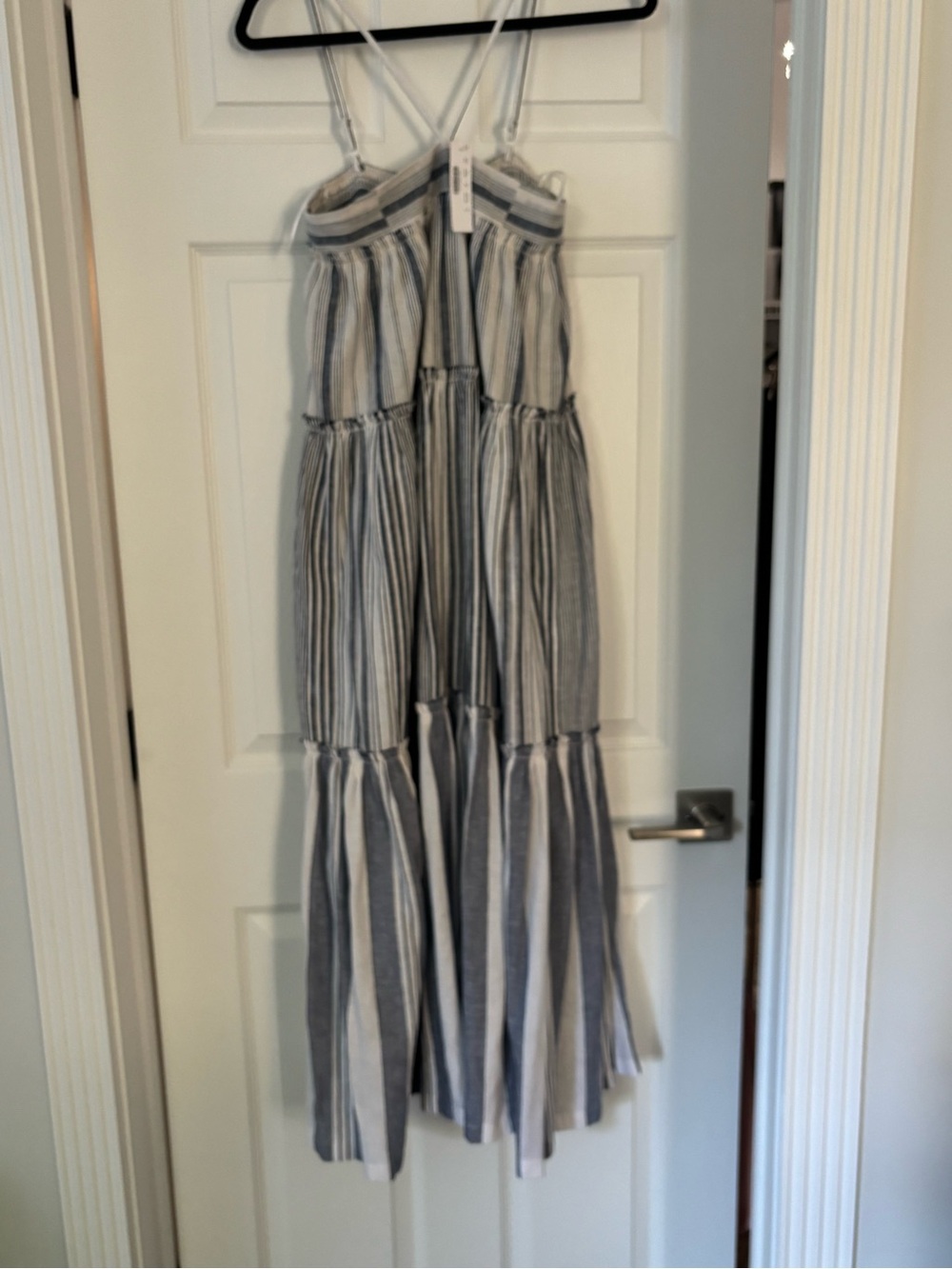 J. Crew Blue and White Striped Tiered Maxi Dress